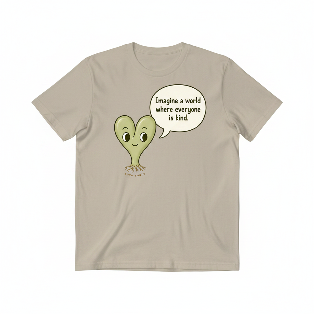Love Roots Imagine a World Where Everyone is Kind light brown unisex t-shirt