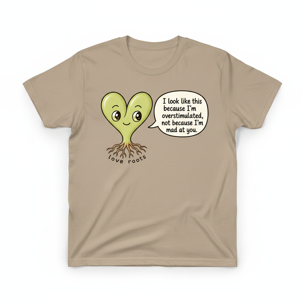 I Look Like This Because I'm Overstimulated light brown unisex t-shirt – Love Roots
