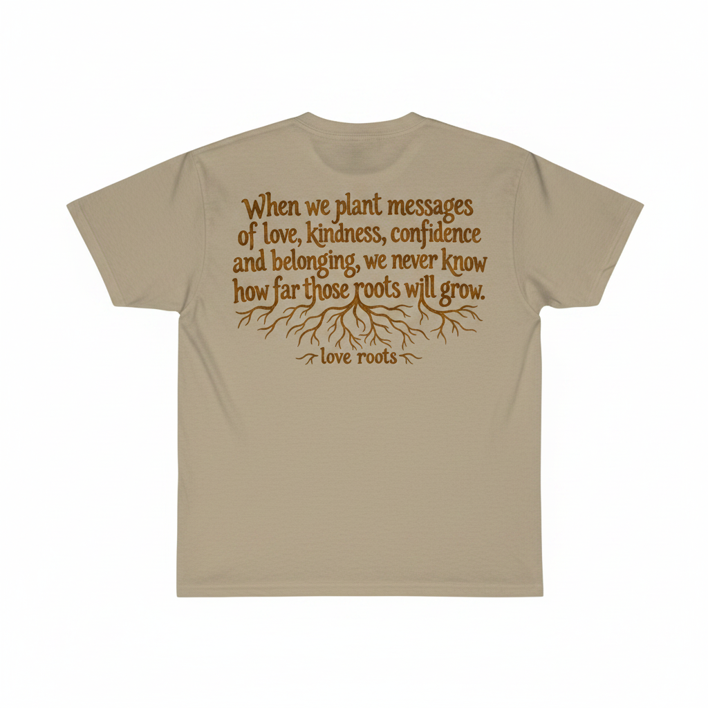 Light brown tee back - Love Roots message dark font