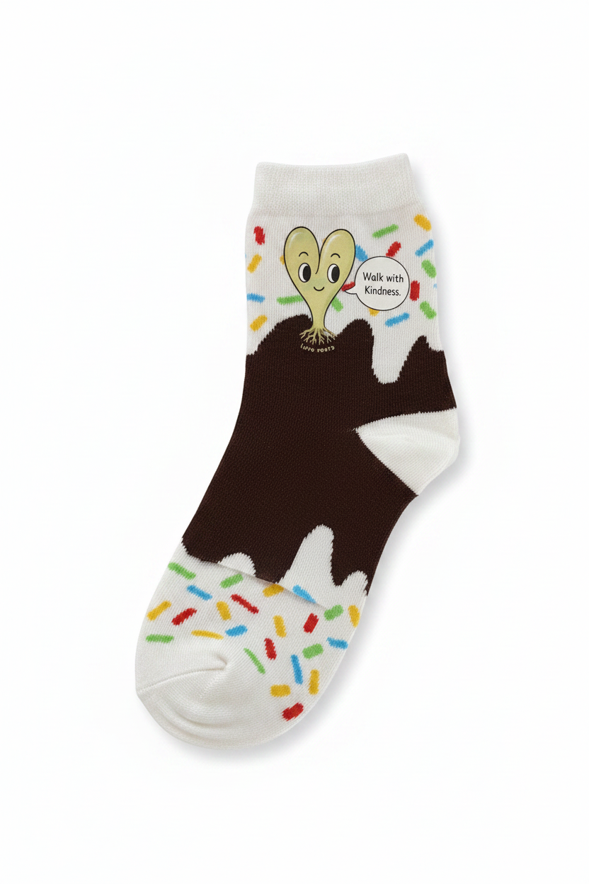 AI-enhanced clean product shot of Love Roots hot fudge sundae crew socks on white background